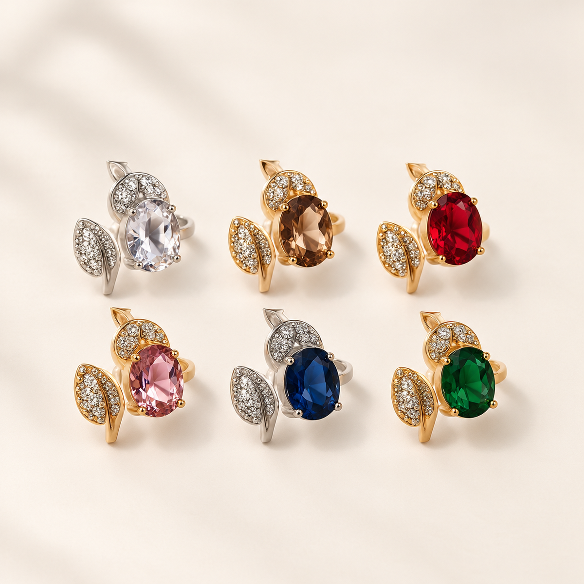 Rose Gold Leaf-Accent Gemstone Ring – Elegant Two-Tone Statement Ring