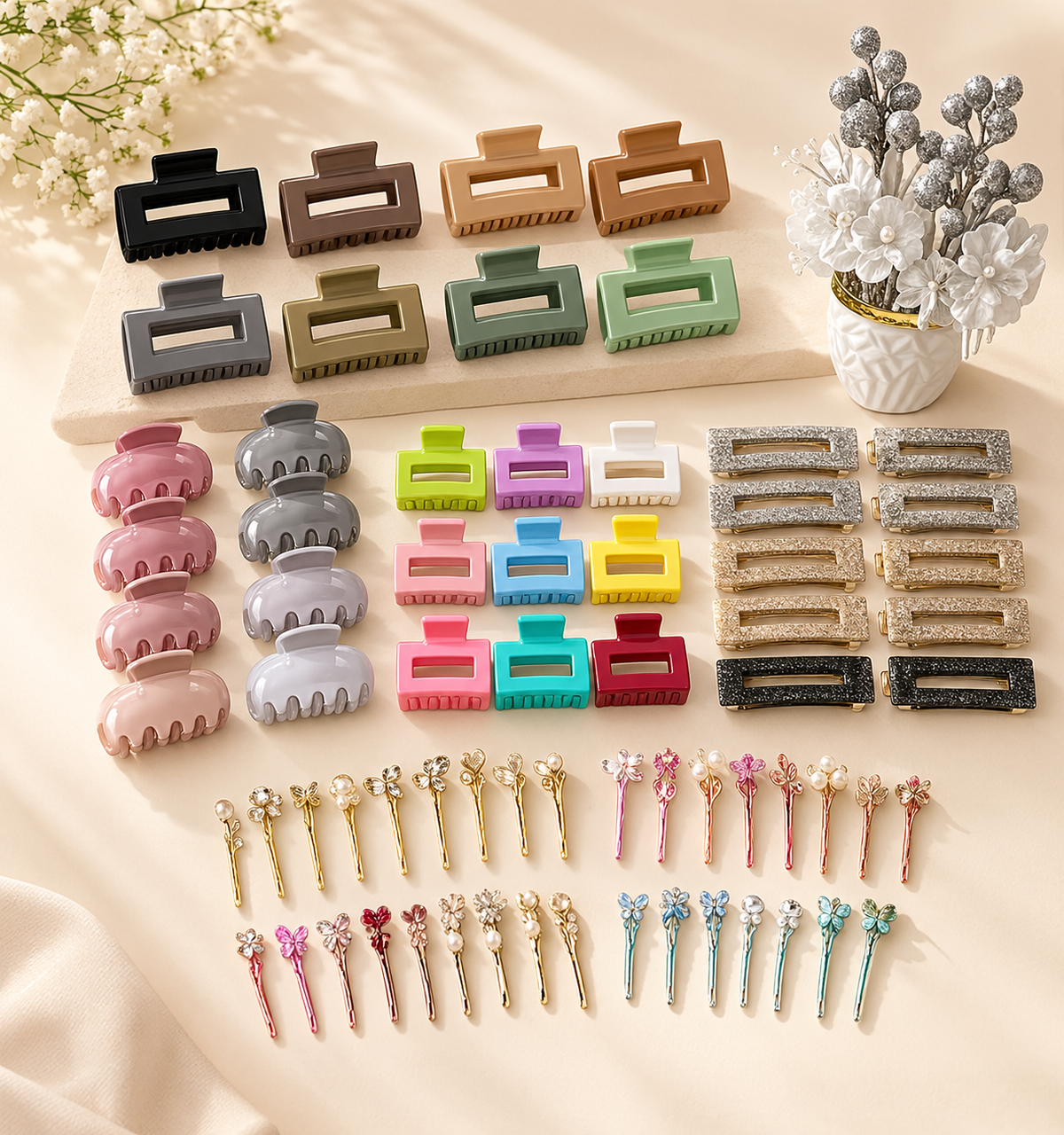 Hair & Décor Accessory Set – Jaw Clips, Barrette & Stem Picks