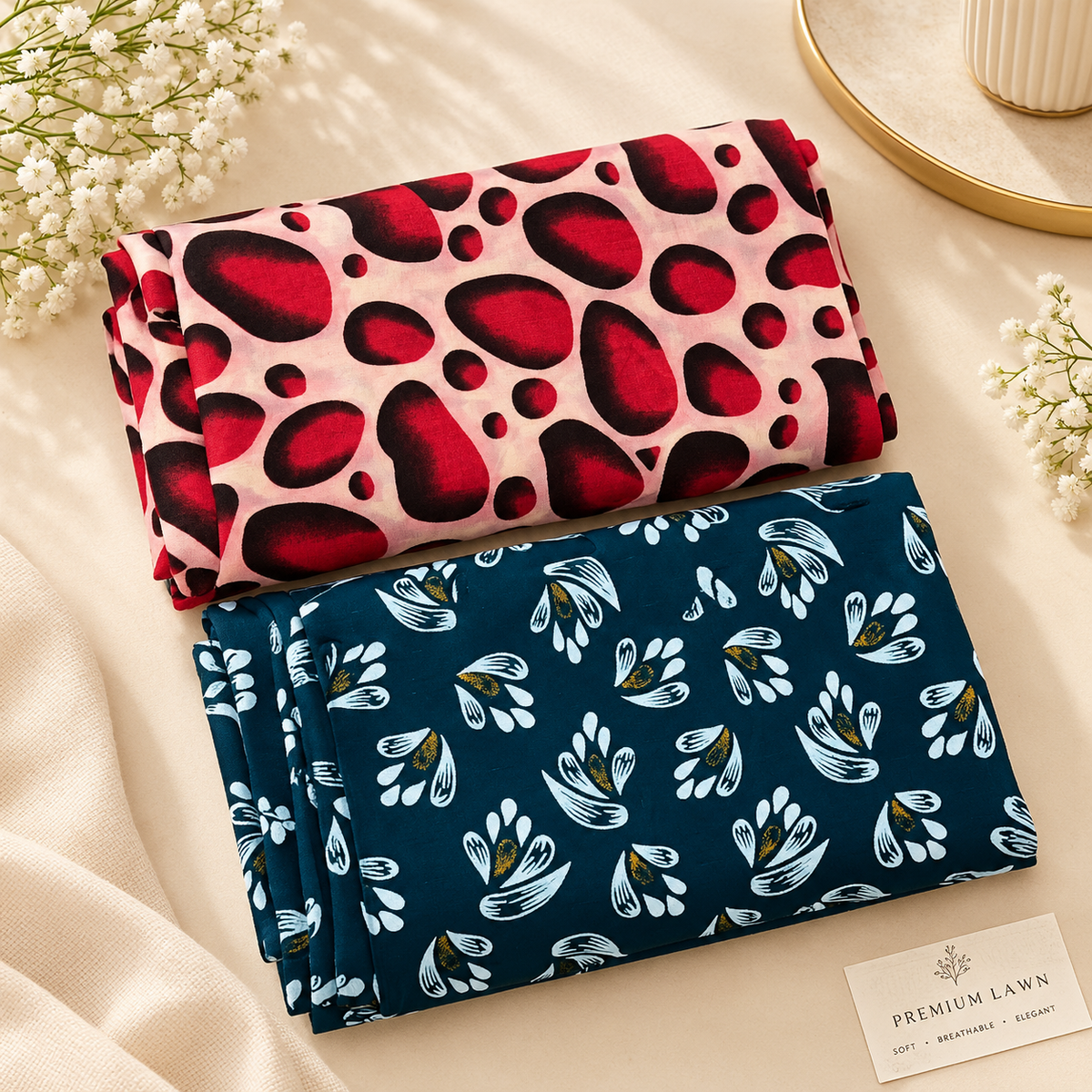 Printed Cotton Fabric – Ruby Pebble & Midnight Teal Bloom