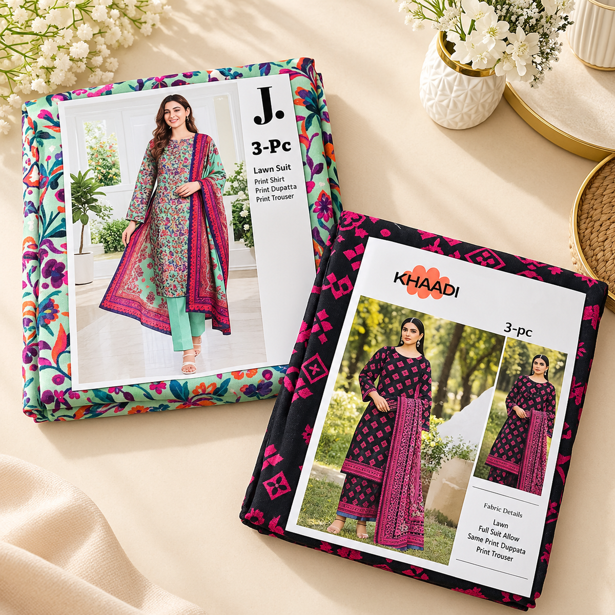 Premium 3-Piece Printed Lawn Suit – Floral Reverie & Noir Blossom